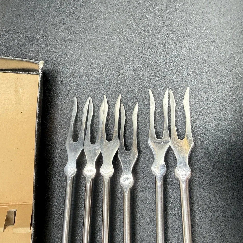Set Of 6 Vintage 1960/1970 MCM Wooden Handled Fondue Forks Orig Box Japan No Lid
